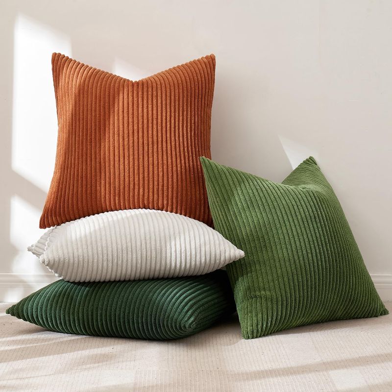 Photo 1 of 
MIULEE Pack of 4 Green-White Caramel Corduroy Decorative Throw Pillow Covers 18x18 Inch Soft Boho Striped Pillow Covers Modern Farmhouse Home Decor for Sofa Living Room Couch Bed