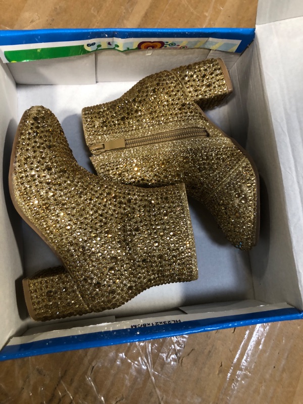 Photo 3 of ABSOLEX Girle's Rhinestone Round Toe Block Chunky Low Heel Ankle Booties, Gold, 10