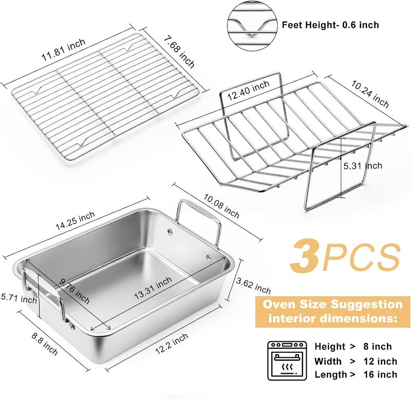 Photo 3 of (FAIR) Roasting Pan, 10 Inch Stainless Steel Turkey Roaster with Rack - Deep Broiling Pan & V-shaped Rack & Flat Rack, Non-toxic & Heavy Duty, Great for Thanksgiving Christmas Roast Chicken Meat Lasagna