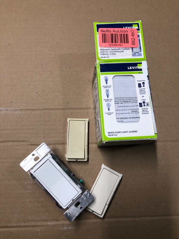 Photo 2 of **FOR PARTS ONLY**(NON REFUNCTIONAL)
Leviton Decora Slide Dimmer Switch for Dimmable LED, Halogen and Incandescent Bulbs, DSL06-1LZ, White with Ivory and Light Almond Faceplates