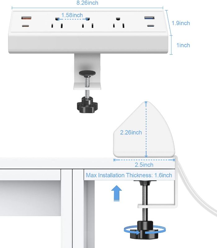 Photo 3 of (READ FULL POST) Jgstkcity Desk Clamp Power Strip USB C,65W Fast Charging Station,PD 45W & 20W USB C Charger,Desk Edge Mount Power Strip 4 USB Ports 3 Widely Spaced Outlets Surge Protector,6ft Flat Plug
