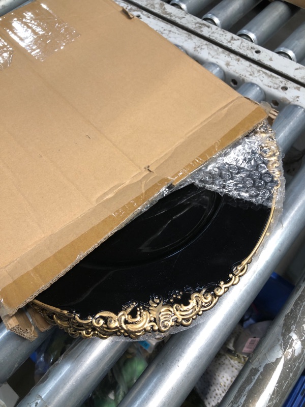 Photo 1 of (READ FULL POST) Okllen 12 Pack Plastic Round Charger Plates, 13" Dinner Charger Dessert Plates with Gold Rim, Vintage Charger Serving Plates for Catering, Wedding, Tabletop Decor, Black, Floral Trim