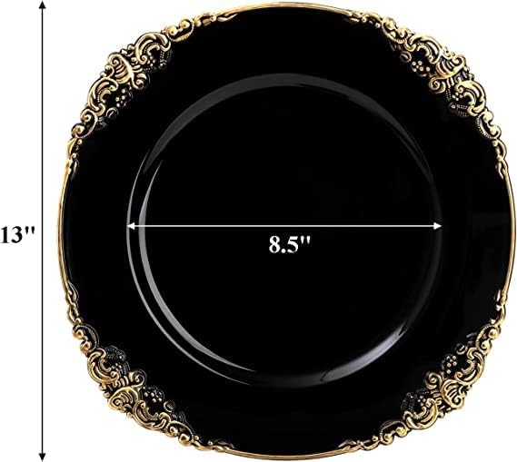 Photo 3 of (READ FULL POST) Okllen 12 Pack Plastic Round Charger Plates, 13" Dinner Charger Dessert Plates with Gold Rim, Vintage Charger Serving Plates for Catering, Wedding, Tabletop Decor, Black, Floral Trim