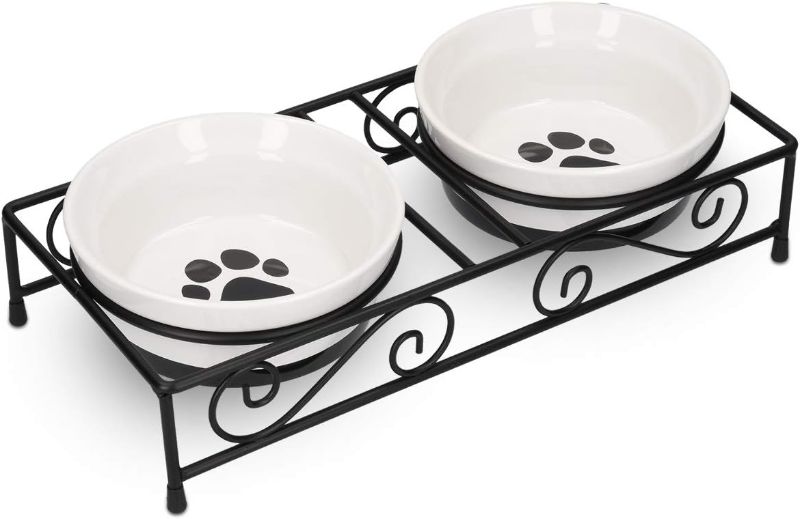 Photo 1 of ***STOCK PHOTO REFERENCE ONLY*** Navaris Ceramic Pet Bowl Set - Food Water Bowls for Cats, Small Dogs and Puppies with Non-Slip Retro Metal Stand - Set of Bowls, 10.8 oz Each