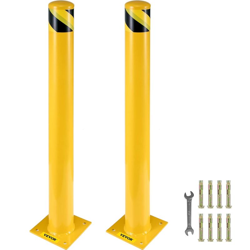 Photo 1 of  3 PACK VEVOR Safety Bollard, 48 Inch Height Bollard Post, 4.5 Inch Diameter Steel Pipe Safety Bollard Post, Yellow Steel Bollard, Steel Safety Bollard with 8 Anchor Bolts, Perfect for Traffic-Sensitive Area
