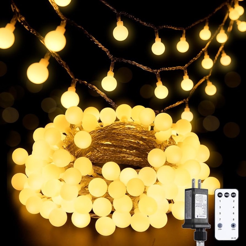 Photo 1 of  100 LED Connectable Globe String Lights Indoor Bedroom, 33ft Warm White Christmas Lights with Remote Plug in, 8Mode Hanging Fairy Lights Outdoor Waterproof for Room Dorm Christmas Decorations