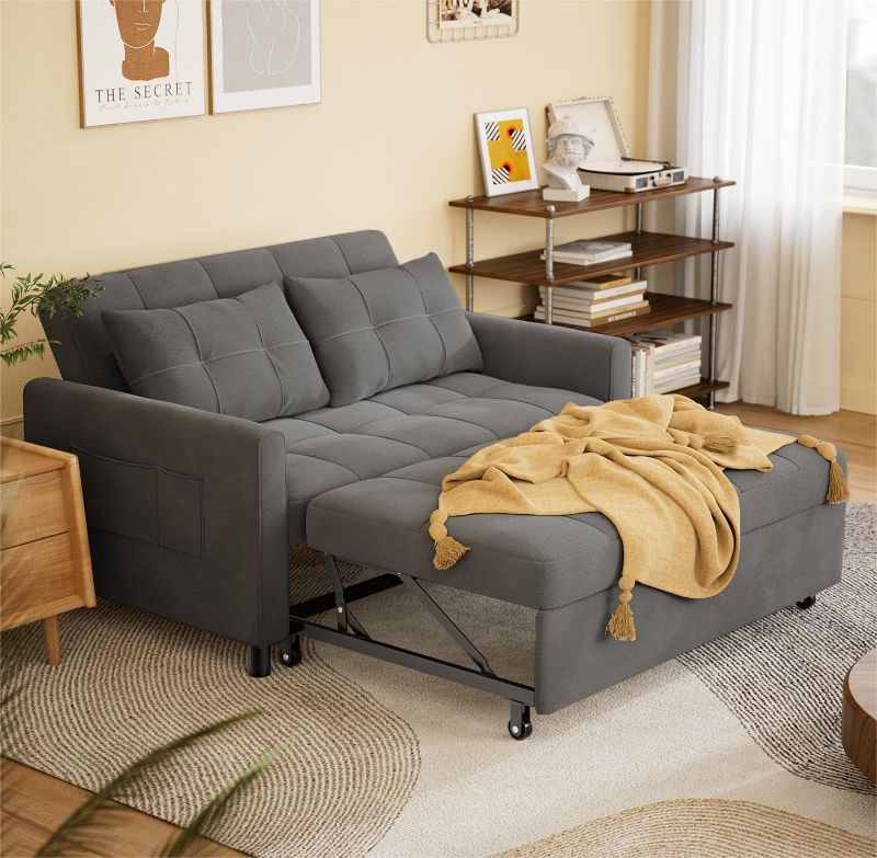 Photo 1 of ***STOCK PHOTO REFERENCE ONLY***BOX 1/3***Gizoon 3-in-1 Convertible Sofa Bed, 52" Loveseat Sleeper with Pull Out Couch, Linen Fabric Futon Sofa Bed, Small Sleeper Sofa Cama with Pillows & Pockets for Living Room & Apartment, Dark Grey
