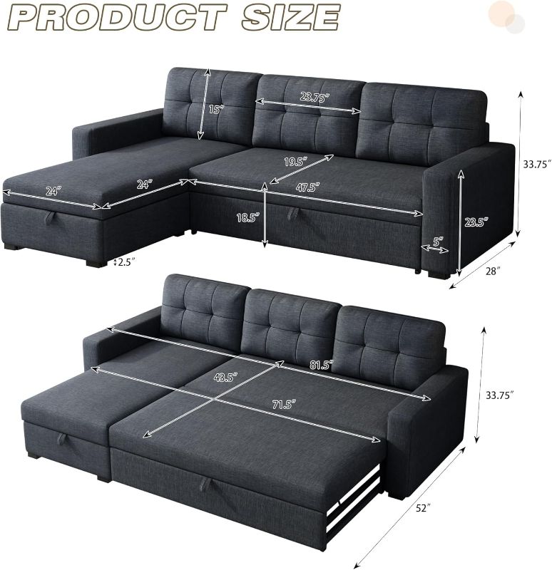 Photo 5 of (PARTS) **TRUCK/TRAILER PICK UP ONLY** ACQCA 81.5" Sectional Sleeper Sofa with Storage Chaise and Pull-Out Bed,L Shape Convertible Couch with 3 Removable Back Cushions for Living Room,Apartment,Office,Dark Grey