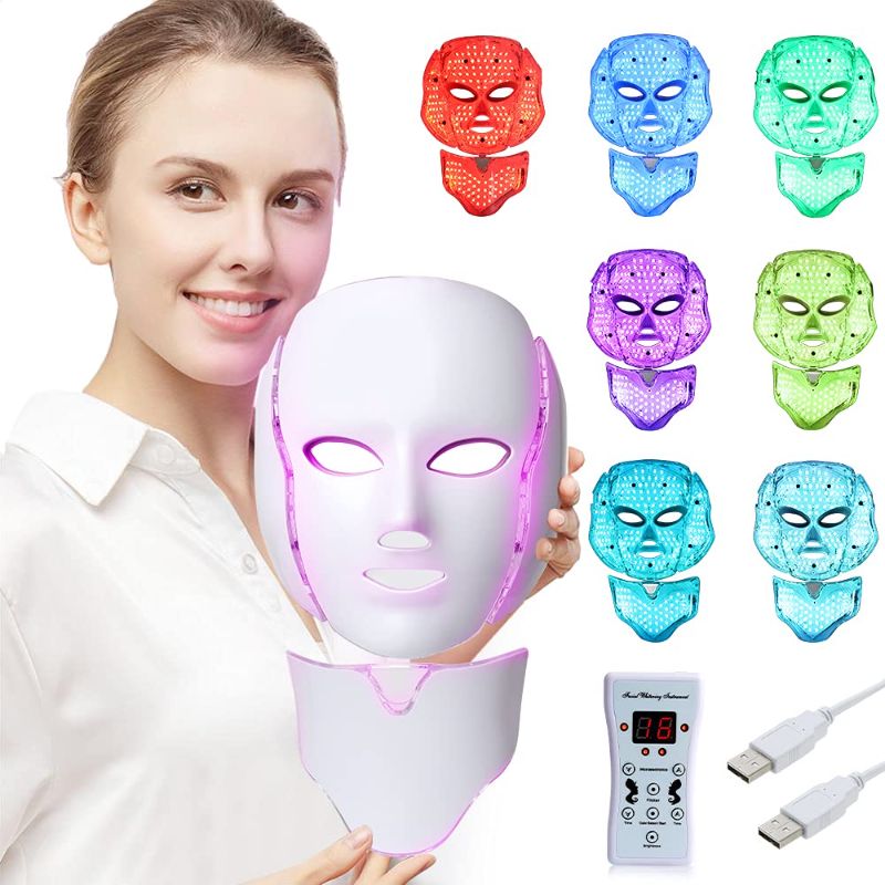 Photo 1 of **NON-REFUNDABLE** (MISSING POWER CORD) LED Face Mâsk Light Therapy | 7 Color Skin Rejuvenation Therapy LED Photon Mâsk Light Facial Skin Care Anti Aging Skin Tightening Wrinkles Toning Mâsk (For face & neck). (Gold)