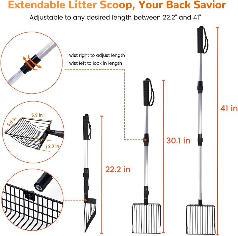 Photo 4 of (READ FULL POST) Metal Cat Litter Scoop with Holder, 22 " - 41 " Extendable Long Handle Cat Scooper for Litter Box, Solid & Durable, Deep Shovel for Fast Sifting, Large Pet Pooper Scooper for Kitty / Outside Dog Poop