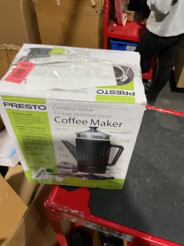 Photo 2 of ***MISSING BOTTOM HALF***
Presto 02815 12-Cup Cordless Coffee Percolator - Stainless Steel, Modern Design, Easy Pour Spout, Stay-Cool Handle, Matte-Black