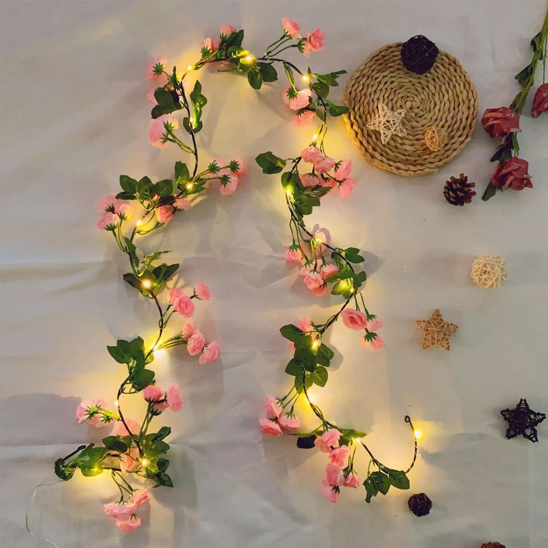 Photo 1 of  2FT Artificial Flower String Lights Battery Operated Fake Rose Vine Floral Garland with 20 LED Fairy Lights,Silk Hanging Pink 2 Piece