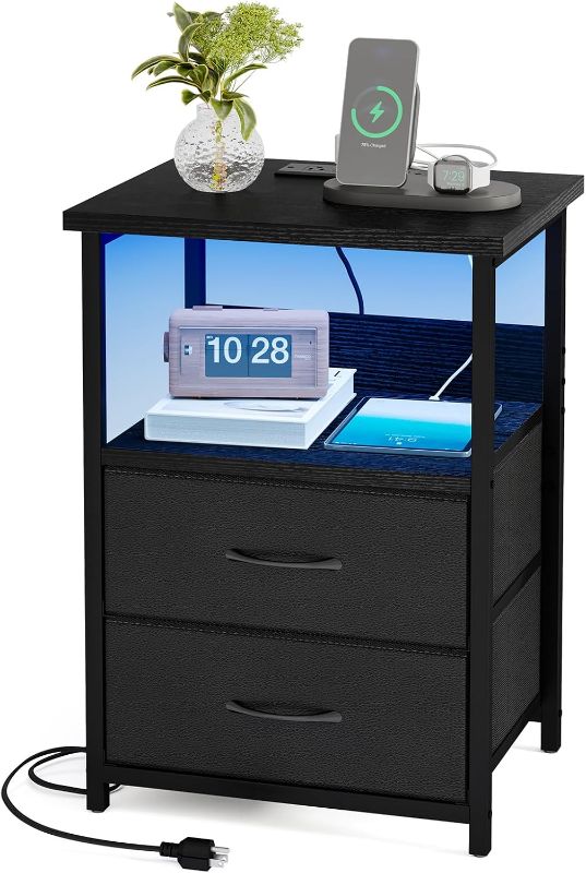 Photo 1 of 
Fixwal Night Stand with Charging Station, LED Nightstand with U-S-B Ports and Outlets, 2 Fabric Storage Drawers with PU Finish, Bedside Table, Black