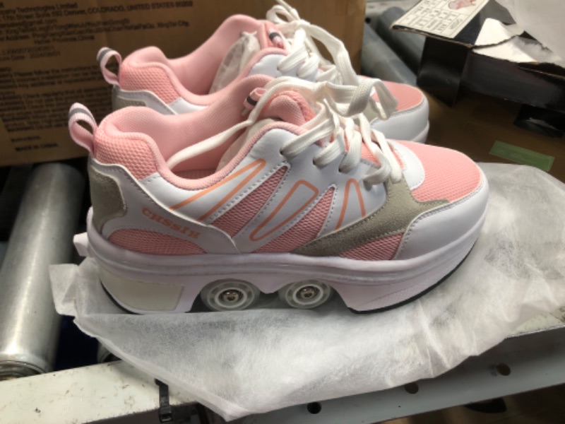 Photo 1 of ***4.5*** CHSSIH Roller Skate Shoes for Girls - Retractable Wheels | Roller Skating Shoes for Women, Kids | High Roller, Kick Roller Sneaker | Shoes with Wheels That Turn into Roller Skates - Pink, 4.5US