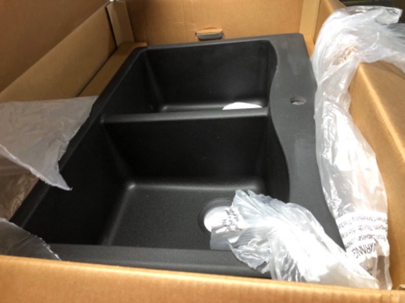 Photo 6 of ***DAMAGED - CORNER BROKEN - SEE PICTURES***
KRAUS Forteza 33-inch Drop In/Undermount 50/50 Double Bowl Granite Kitchen Sink in Black, KGD-52BLACK