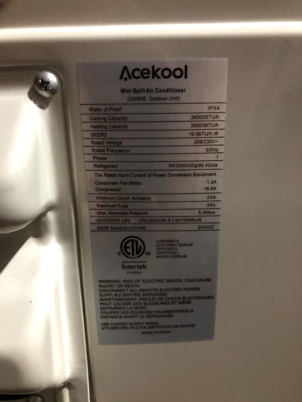 Photo 10 of ***USED - DAMAGED - INDOOR UNIT ONLY - SEE COMMENTS***
AceKool CMS36 Mini Split Air Conditioner, Mini Split AC/Heating System, Wi-Fi Air Conditioner Inverter Heat Pump with Pre-Charged, 23 SEER2, Split AC Cools Up to 1250 Sq. Ft, w/Installation Kit