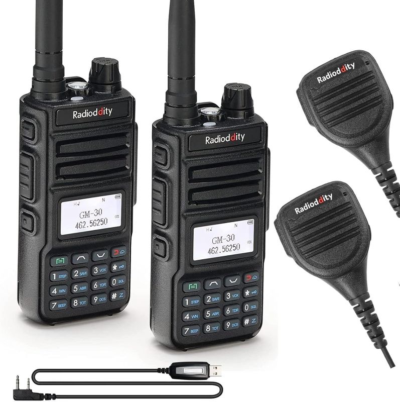 Photo 1 of ***(MISSING PARTS/ SEE NOTES) ***
2 Pack Radioddity GM-30 GMRS Radio, Handheld 5W Long Range Two Way Radio for Adults, GMRS Repeater Capable, Display Sync, USB Programming Cable + 2 Pack RD-203 Waterproof Speaker Mic