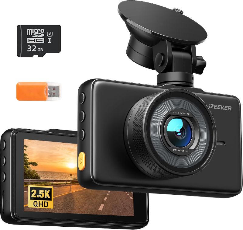 Photo 1 of ***CAMERA ONLY, NO ACCESSORIES***iZEEKER 2.5K Dash Cam, 1440P QHD Car Camera with Free 32GB Card, 3" IPS Display, Night Vision, WDR, 170°Wide Angle, Loop Recording, G-Sensor Emergency Recording, 24H Parking Mode, Type C
