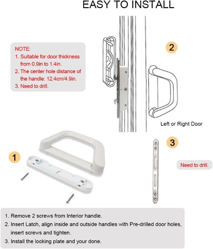 Photo 3 of **NON-REFUNDABLE** (PARTS) ALLYWASAI Sliding Patio Door Handle Set with Mortise Lock, Suitable for Sliding Glass Patio Door Thickness from 1.5in to 2in, 4-15/16" Screw Holes, Need to Drill, Reversible Design, Keyed, White