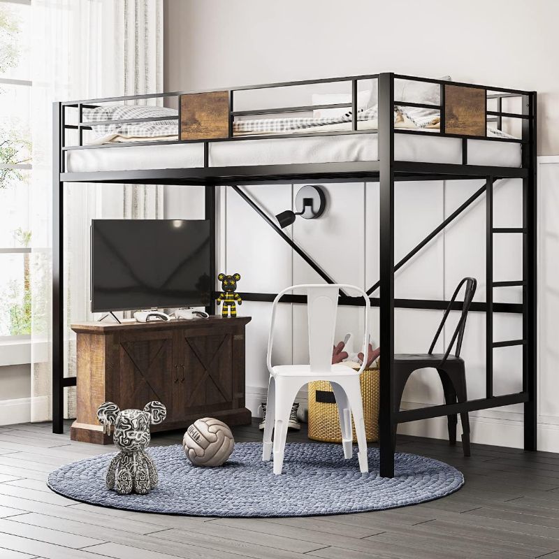 Photo 1 of  **SLIGHT DAMAGE TO A FEW PIECES** Metal Twin Loft Bed Frame with Stairs & Full-Length Guardrail, Space-Saving, Juniors and Adults, Noise Free, Black