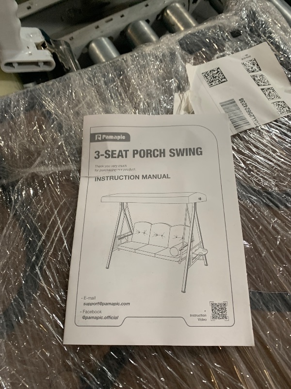 Photo 1 of **TRUCK/TRAILER PICK UP ONLY** **(PARTS) (NOT A COMPLETE SET)** Pamapic 3-Seat Porch Swing with All-Weather Steel Frame, Adjustable Swing Chair with Canopy, Removable Cushion and Pillow Hammock with Stand for Outside, Backyard, Porch, Poolside, Balcony (T