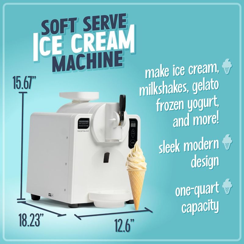 Photo 2 of ***FACTORY SEALED - OPENED TO INSPECT***
Nostalgia Easy-Dispensing Soft Serve Ice Cream & Frozen Dessert Machine, Makes 1 Quart of Ice Cream, Milkshakes, Frozen Yogurt, Gelato in Minutes, Ice Cream Sandwiches, With LED Display, White