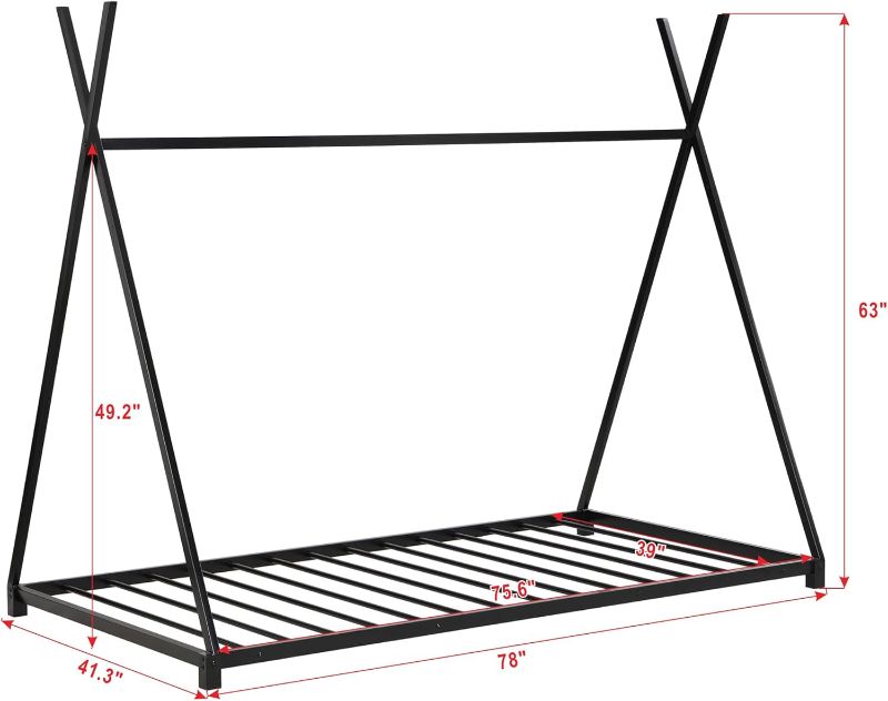 Photo 1 of *** FACTORY SEAL***Harper & Bright Designs Metal Twin Size House Platform Bed Frame for Boys Girls Kids Adults Toddler with Triangle Structure, Black