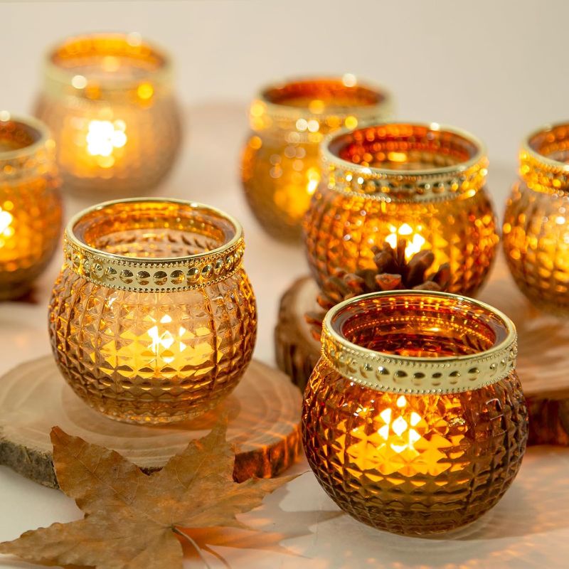 Photo 1 of *** FACTORY SEAL***Amber Votive Candle Holders,Small Glass Tea Light Holder 12pcs,for Wedding Table,Vintage Boho Party,Holiday Centerpieces Fall Decorations