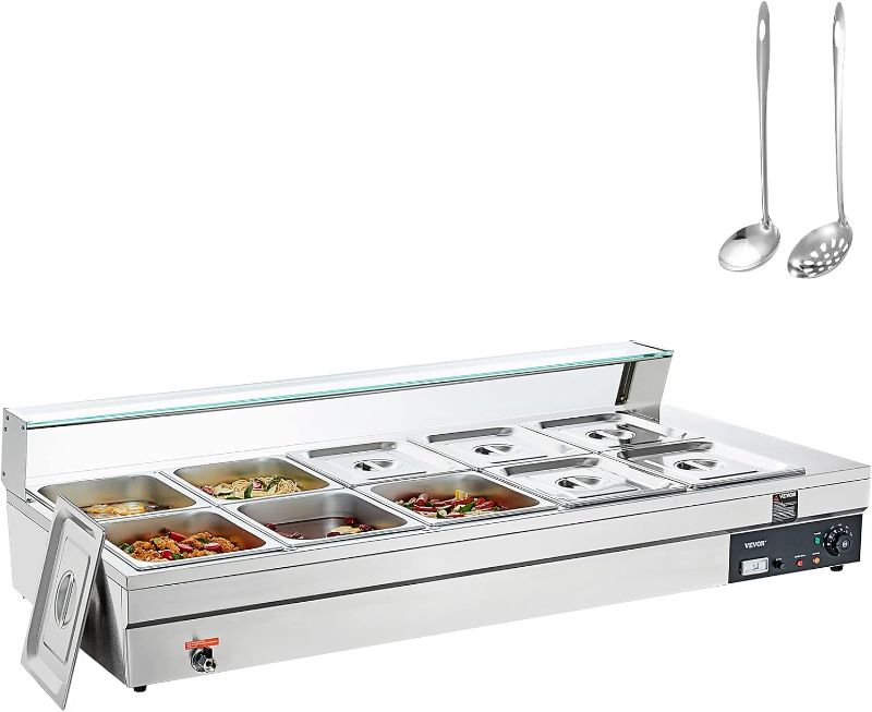 Photo 1 of *** TRUCK OR TRAILER PICK UP ONLY***VEVOR 10-Pan Commercial Food Warmer, 10 x 12QT Electric Steam Table with Tempered Glass Cover, 1800W Countertop Stainless Steel Buffet Bain Marie 86-185°F Temp Control for Catering, Restaurant, Silver