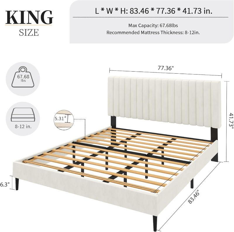 Photo 1 of *** FACTORY SEAL***King Size Bed Frame with Velvet Upholstered Headboard, Platform Bed with Strong Wood Slats, Mattress Foundation, Box Spring Optional, Easy Assembly (Beige, King)