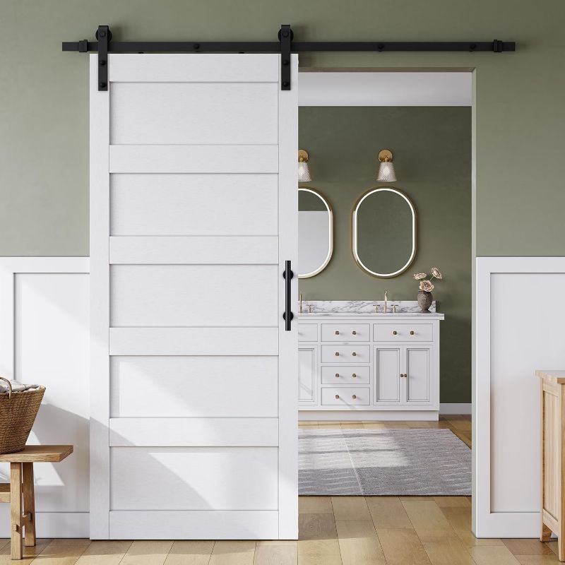 Photo 1 of *** FACTORY SEAL***SmartStandard 34in x 84in Sliding Barn Door with 6FT Barn Door Hardware Track Kit & Handle, Waterproof PVC Surface, Pre-Drilled Holes Easy to Assemble, Solid, MDF, White, 5-Panel