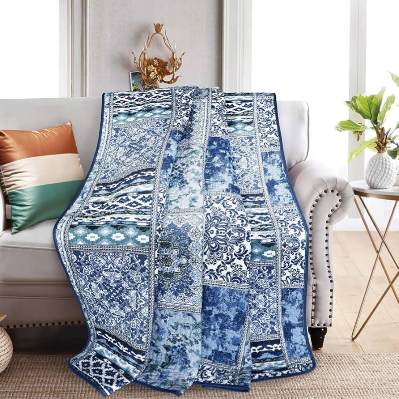 Photo 1 of *** STOCK PHOTO FOR REFERTENCE ONLY__ SEE PHOTOS***NEWLAKE Quilted Throw Blanket for Bed Couch Sofa, Blue Classic Bohemian, 60X78 Inch