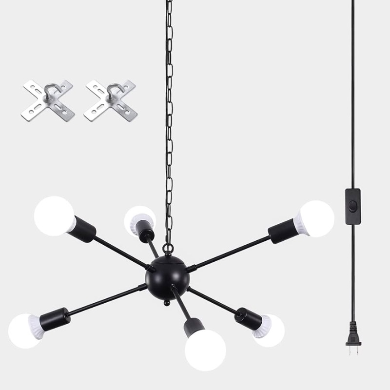 Photo 1 of **PARTS ONLY, NON-REFUNDABLE, SEE NOTES** Plug in Chandelier 6 Light, Modern Hanging Lights with Plug in Cord 16.4ft & On/Off Switch Plug in Sputnik Ceiling Light, Black Plug in Pendant Light for Kitchen Dining Living Room Bedroom