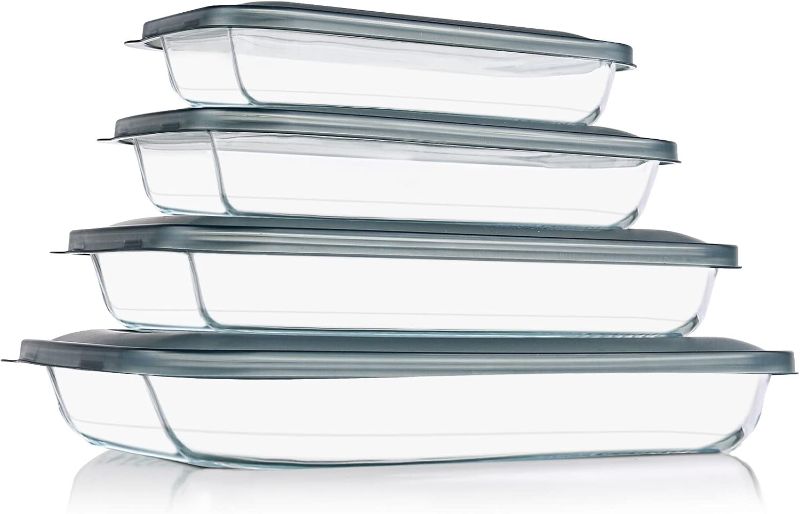 Photo 1 of ***ONLY 2 GLASS PANS AND ALL 4 LIDS**READ NOTES**
8 Pieces Glass Baking Dish with Lids Rectangular Glass Baking Pan Bakeware Set with Lids, Baking Pans for Lasagna, Leftovers, Cooking, Kitchen, Fridge-to-Oven, Gray