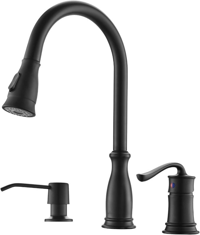 Photo 1 of ***IMAGE FOR REFERENCE***
3 Hole Kitchen Faucet with Pull Down Sprayer, APPASO Kitchen Faucet with Soap Dispenser, 3 Pieces Kitchen Faucet with Separate Handle, Matte Black Kitchen Faucet 3 Hole