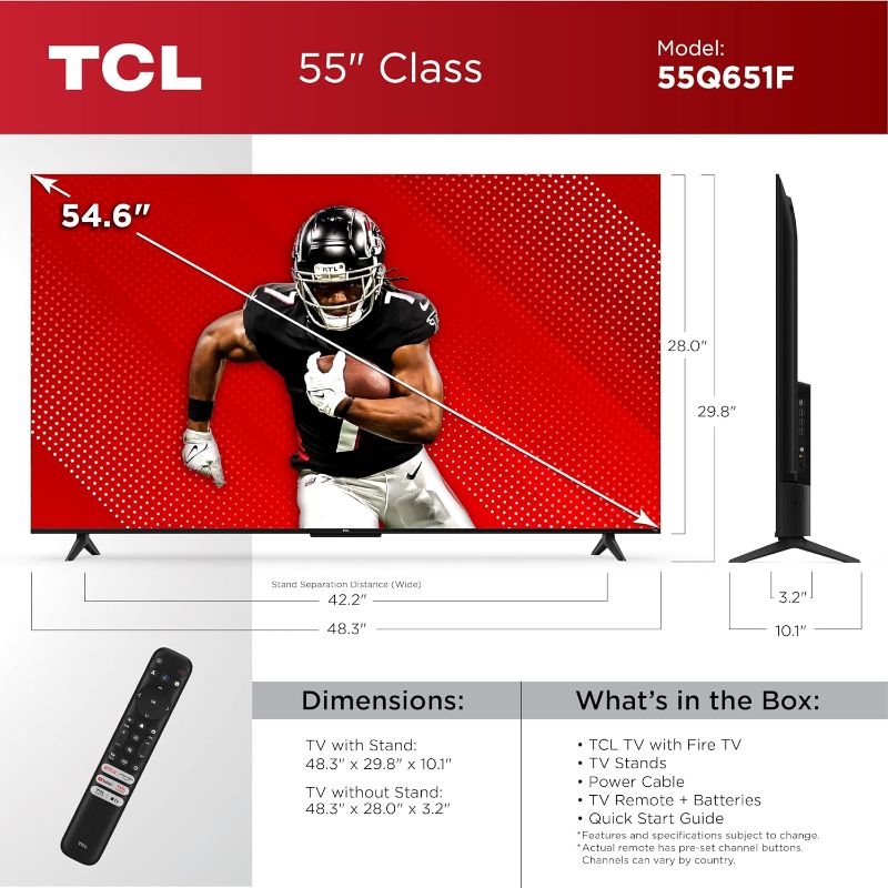 Photo 1 of ***USED -NO POWER CABLE/REMOTE - POWERS ON**
TCL 55-Inch Class Q65 QLED 4K Smart TV with Fire TV (55Q651F, 2024 Model), Dolby Vision, HDR PRO+, Dolby Atmos, Alexa Built-in with Voice Remote, Apple AirPlay 2 Compatibility, Streaming Television