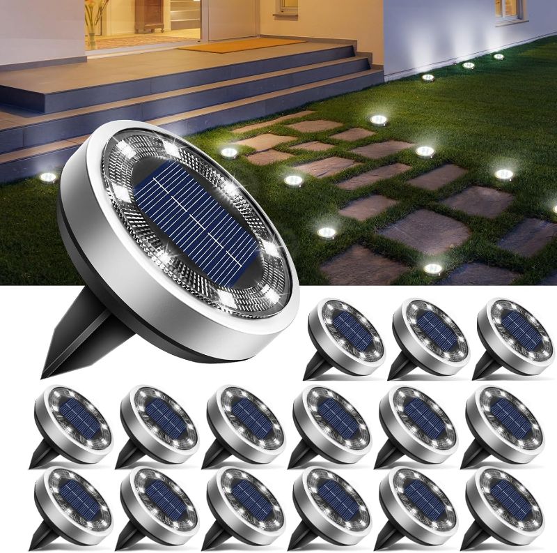 Photo 1 of 16 Pack Solar Ground Lights Outdoor, 8 LED Solar Disc Lights IP65 Waterproof Flat Solar Lights, Pathway Lights Solar Powered for Garden Lawn Patio Yard Path Landscape, Cool White