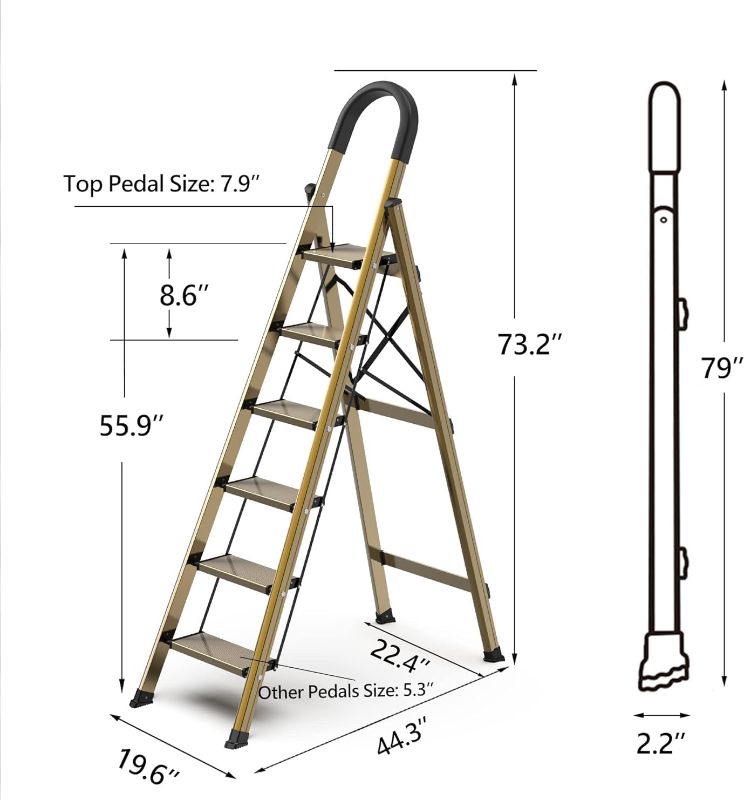 Photo 2 of ***HAS A SCRATCH***
GameGem 6 Step Ladder, Aluminum Folding Step Stool with Anti-Slip Sturdy and Wide Pedal, Portable Lightweight Stepladder with Convenient Handgrip for Home, Office, Kitchen Use Light Gold, 330 lbs