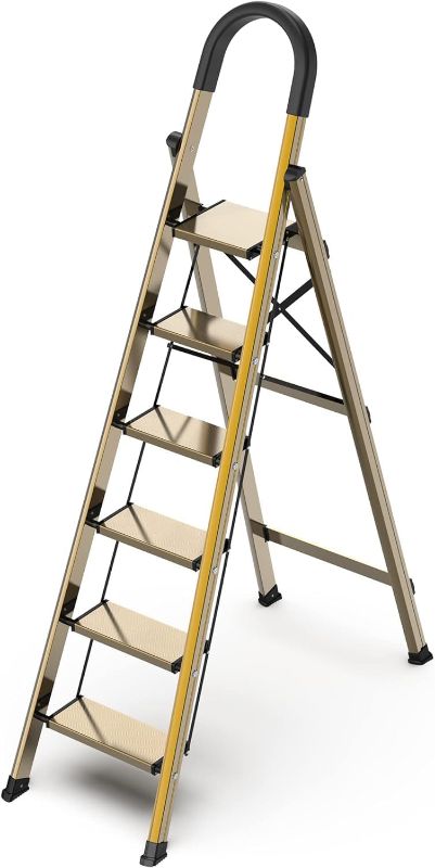 Photo 1 of ***HAS A SCRATCH***
GameGem 6 Step Ladder, Aluminum Folding Step Stool with Anti-Slip Sturdy and Wide Pedal, Portable Lightweight Stepladder with Convenient Handgrip for Home, Office, Kitchen Use Light Gold, 330 lbs