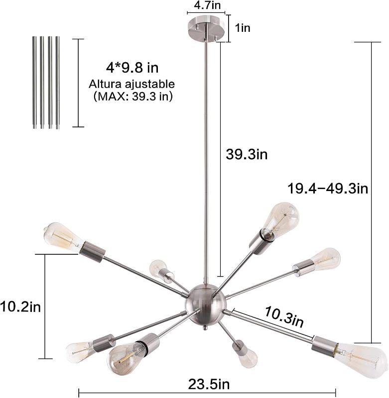 Photo 1 of **NON-REFUNDABLE** (PARTS) (READ FULL POST) ETONIMERR Sputnik Ceiling Light Fixture, 8 Lights Sputnik Chandelier Brushed Nickel Chandelier Mid Century Modern Silver Chandelier for Dining Room Kitchen Living Room Bedroom (Height Adjustable)