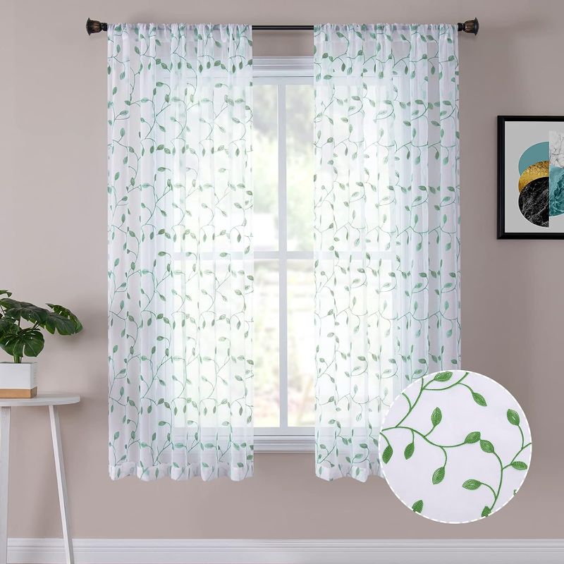 Photo 1 of (READ FULL POST)Tollpiz Leaves Sheer Curtains Green Leaf Embroidery Bedroom Curtain Rod Pocket Voile Faux Linen Embroidered Leaves Curtains for Living Room, 54 x 63 inches Long, Set of 2 Panels
