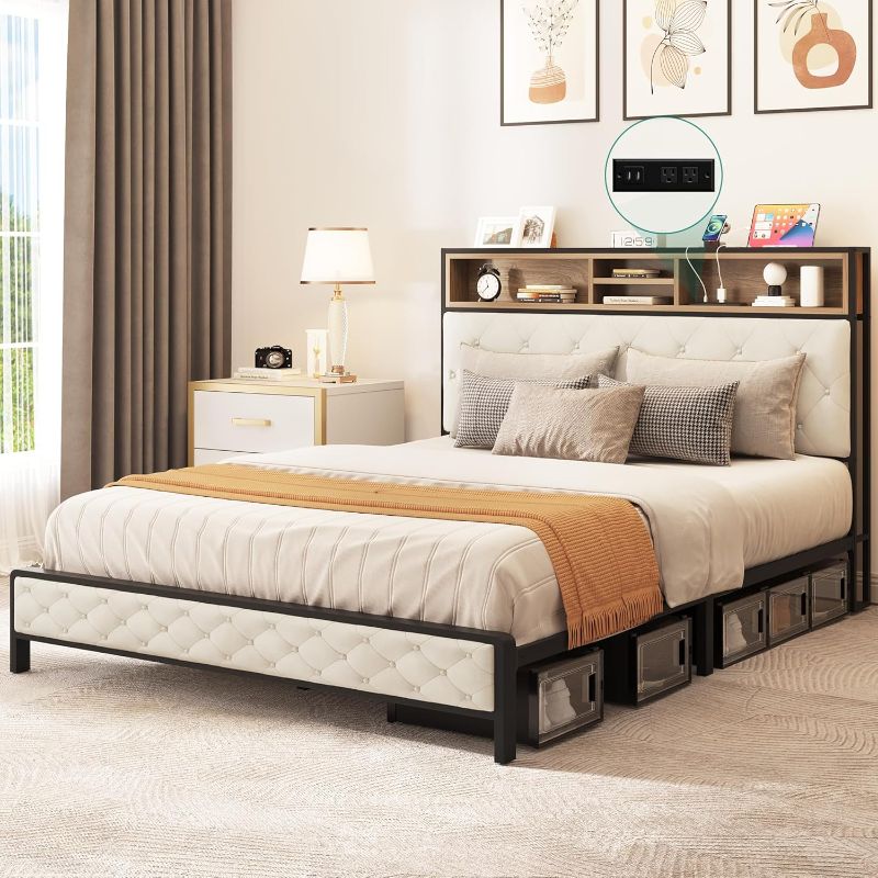 Photo 1 of ****NON REFUNDABLE***YITAHOME Queen Size Bed Frame, Platform Bed Frame with Charging Station, Upholstered Storage Headboard & Footboard Metal Slats Supports Mattress Foundation, No Box Spring Needed, Beige(No Drawers)
