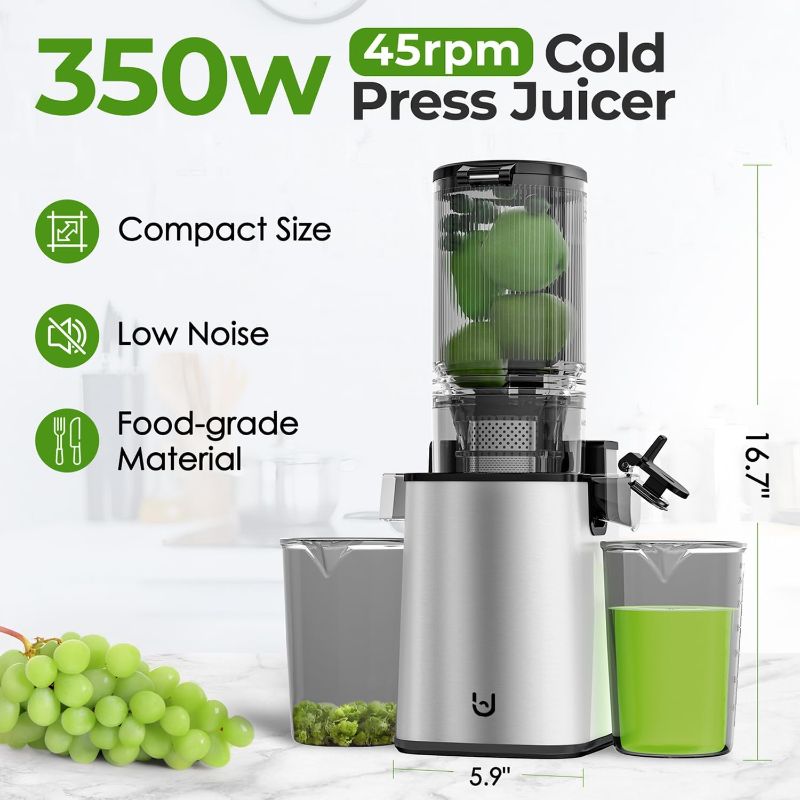 Photo 3 of **NON-REFUNDABLE** (PARTS) Masticating Juicer Machines, 350W Slow Cold Press Juicer with 5.3" Feeding Chute, High Juice Yield Juicer for Fruits and Vegetables, Easy to Clean
