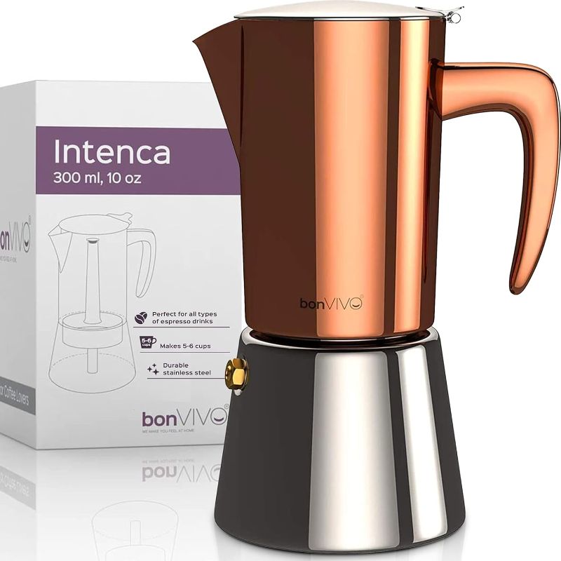 Photo 1 of (FAIR) bonVIVO Intenca Stovetop Espresso Maker - Luxurious, Stainless Steel Italian Coffee Maker for Camping or Home Use - Makes 6 Cups of Full-Bodied Coffee - Copper, 10oz