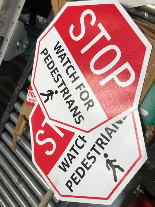 Photo 1 of **bundle of 2**
SmartSign “Stop - Watch for Pedestrians” Anti Slip Adhesive Reflective Octagonal Floor Sign | 17" x 17"