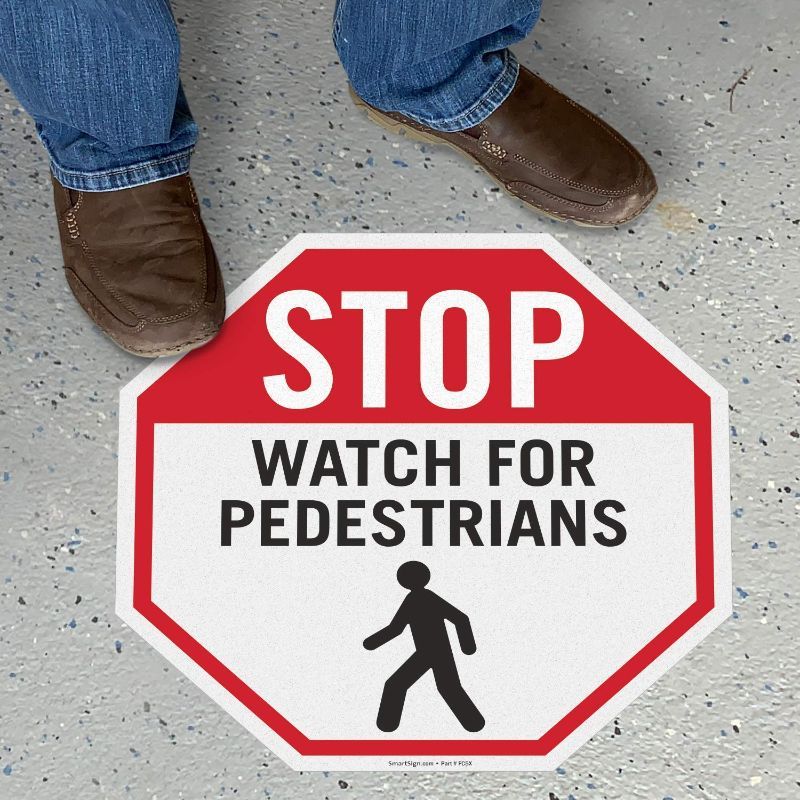 Photo 1 of **bundle of 2**
SmartSign “Stop - Watch for Pedestrians” Anti Slip Adhesive Reflective Octagonal Floor Sign | 17" x 17"