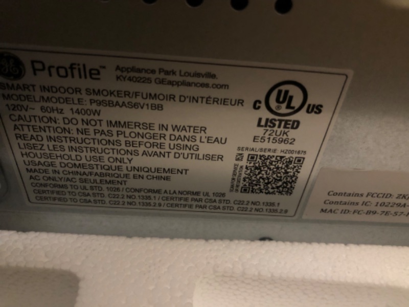 Photo 5 of **NEW OPENED TO INSPECT-FUNCTIONAL**
GE Profile™ Smart Indoor Pellet Smoker, with Active Smoke Filtration, 5 Smoke Control Settings, WiFi Connected, Electric, Countertop BBQ Appliance, Black