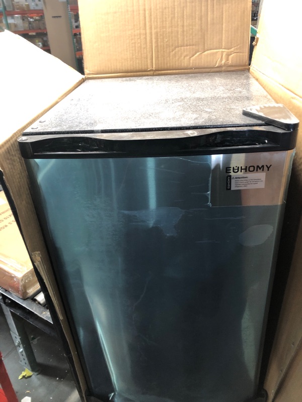 Photo 8 of ***USED - MAJOR DAMAGE - UNTESTED - SEE COMMENTS***
EUHOMY 3.2 Cu.Ft Mini Fridge with Freezer, Single Door Compact Refrigerator, Energy Saving, Mini Refrigerator Adjustable Thermostat, Mini fridge for Bedroom, Dorm, Office, Silver