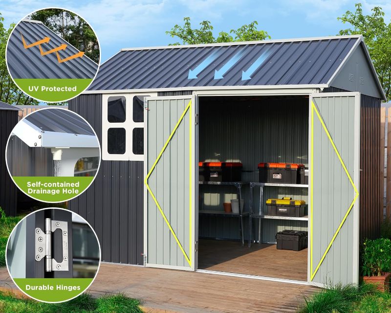 Photo 1 of ***FACTORY SEALED***
VanAcc 10x8x8 FT Shed 4-pane Window Nordic Cottage Storage Shed Outdoor Metal Garden House Double Hinged Lockable Doors for Backyard Garden Patio Lawn Dark Grey/White
