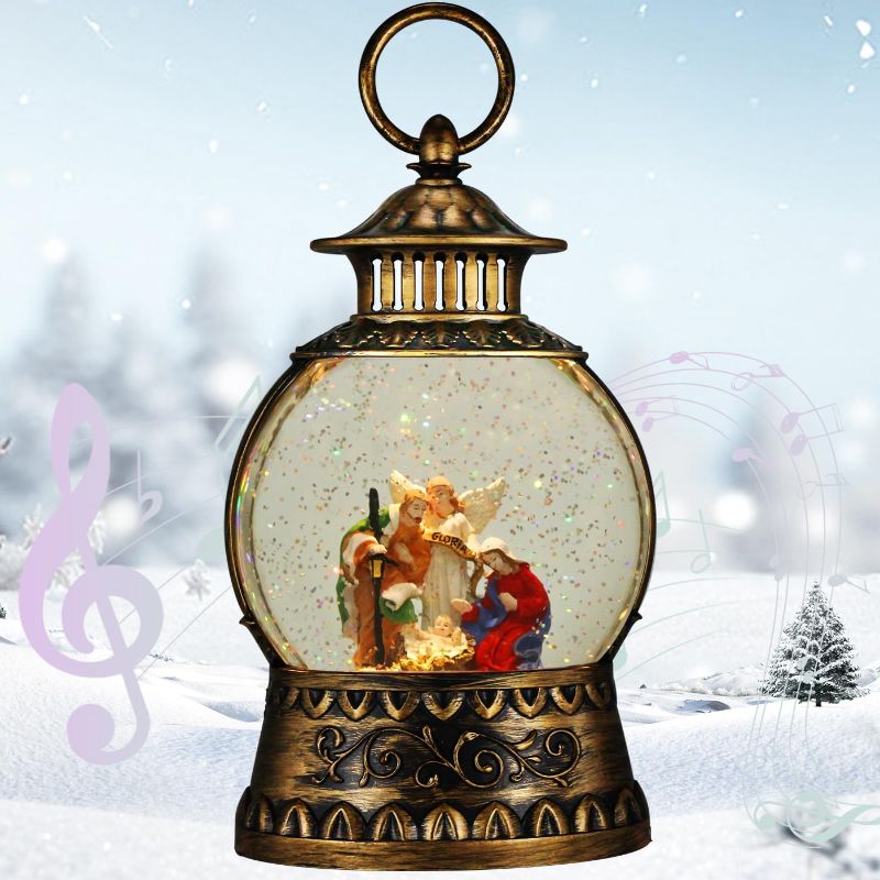 Photo 1 of (FAIR) Christmas Nativity Snow Globe, Nativity Musical Snow Globe Lantern Lights with 6H Timer Battery & USB Powered, Retro Style Holiday Glitter Globe for Xmas Home Decoration Holiday Party Gifts
